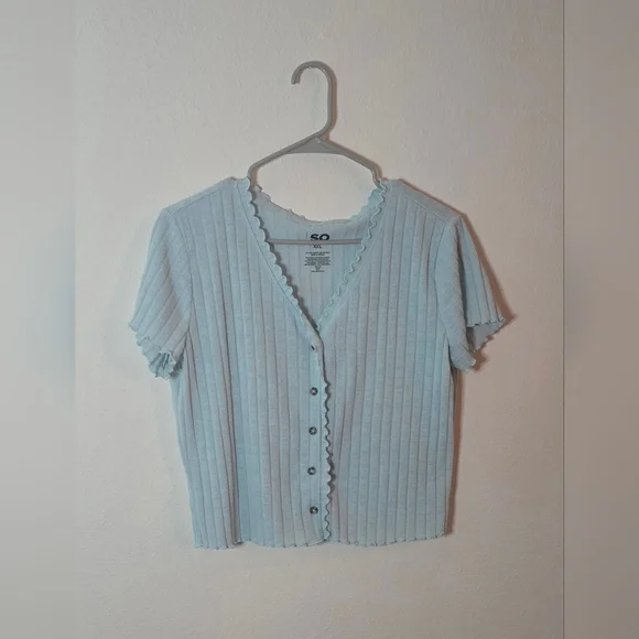 SO Ribbed Button Front Crop Y2K Trendy Top Light Blue Lettuce Edge XXL - Picture 1 of 3